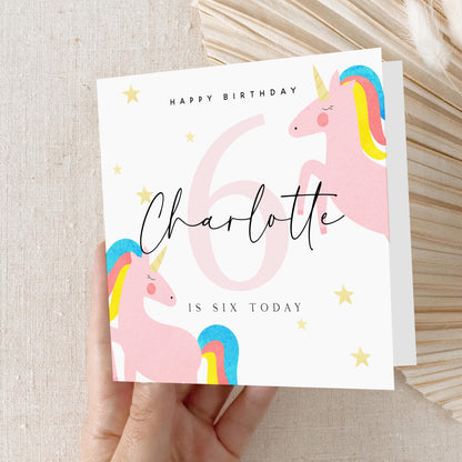 Personalised Birthday Card, Girls Birthday Cards, Unicorn 6th Birthday, Age 6, Daughter, Granddaughter, Niece Birthday Card, Kraft Envelope