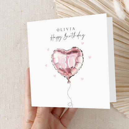 Personalised 30th Birthday Card, Special Milestone Card, Birthday Card For Wife, Sister, Daughter, Auntie, Pink Heart Balloon 30, Thirty