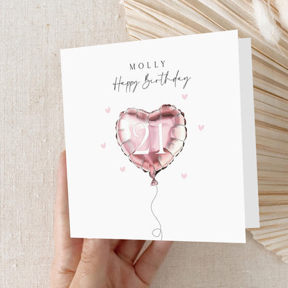 Personalised 21st Birthday Card, Special Milestone Birthday, Twenty First, Daughter, Granddaughter, Sister,Niece Card, Pink Heart Balloon