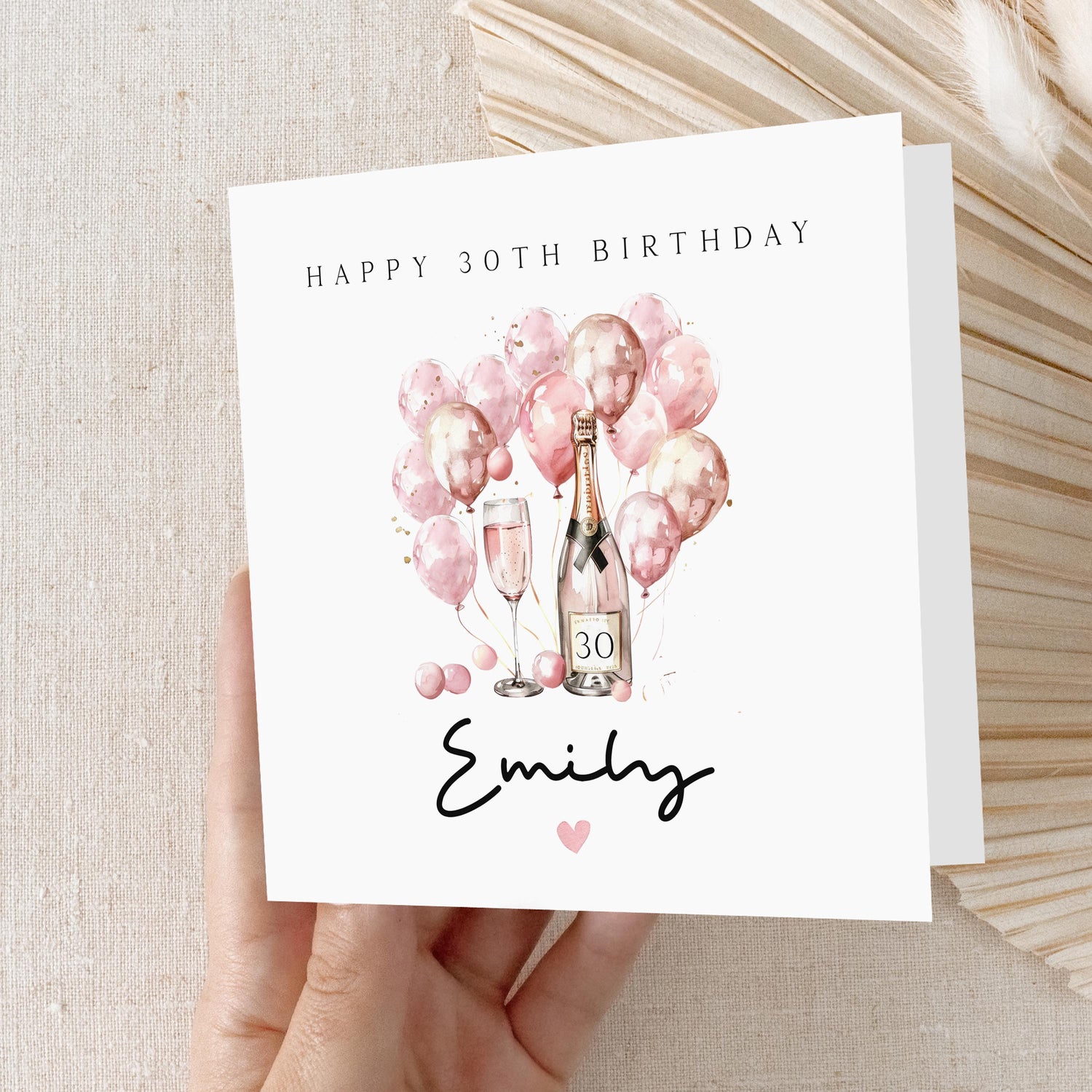 Personalised 30th Birthday Card, Special Milestone Card, Birthday Card For Wife, Sister, Daughter, Auntie, Champagne &amp; Pink 30 Balloon