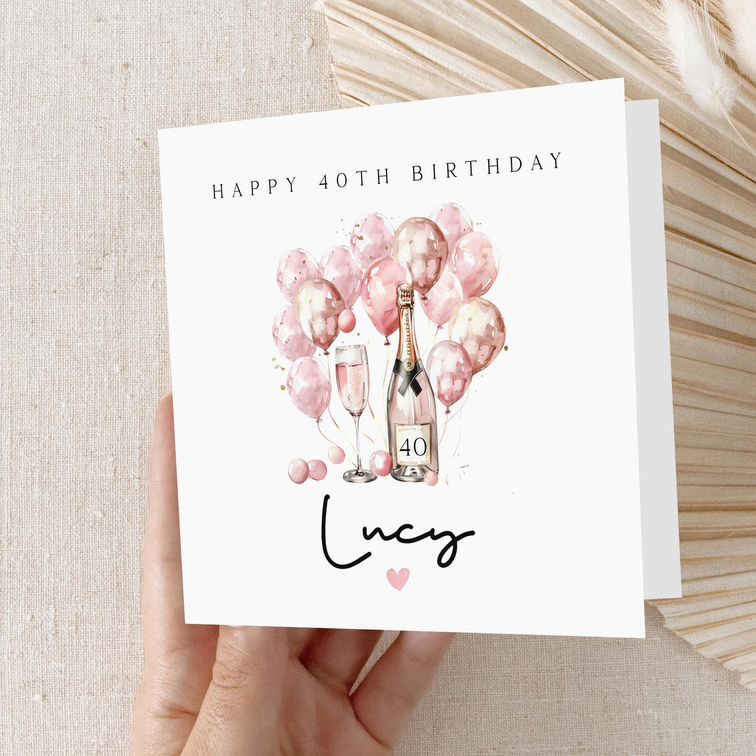 Personalised 40th Birthday Card, Special Milestone Card, Birthday For Daughter, Champagne & Pink Balloons 40, Forty Minimal-Kraft Envelope