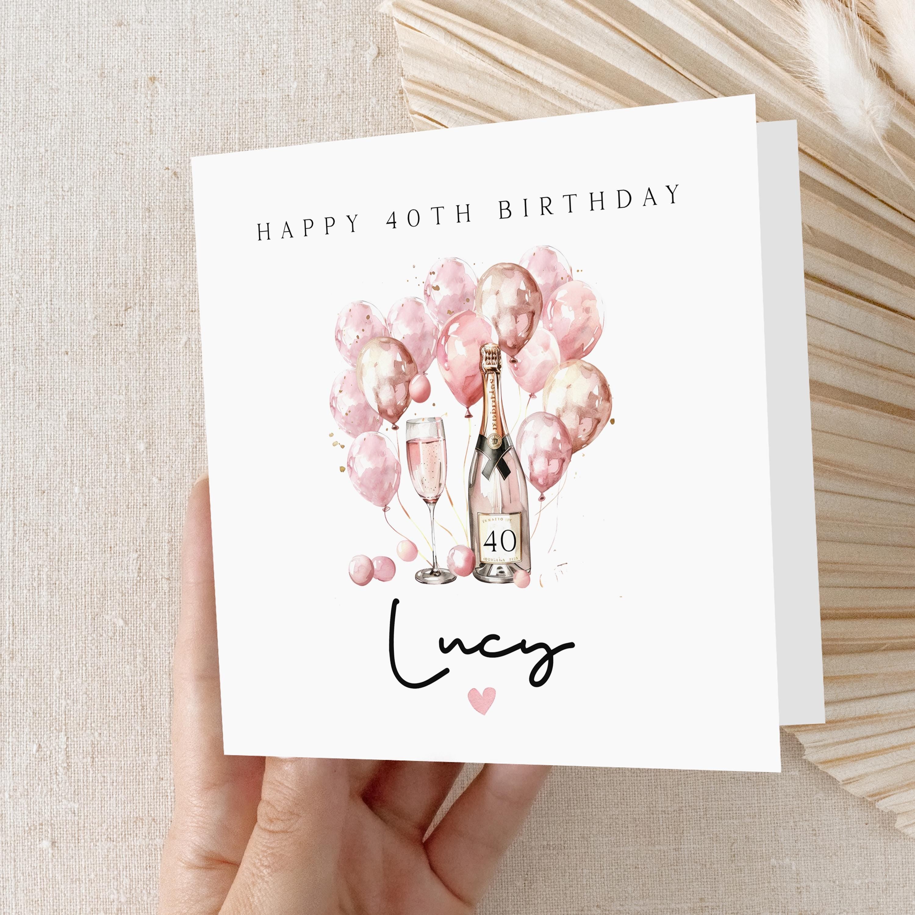Personalised 40th Birthday Card, Special Milestone Card, Birthday For Daughter, Champagne &amp; Pink Balloons 40, Forty Minimal-Kraft Envelope