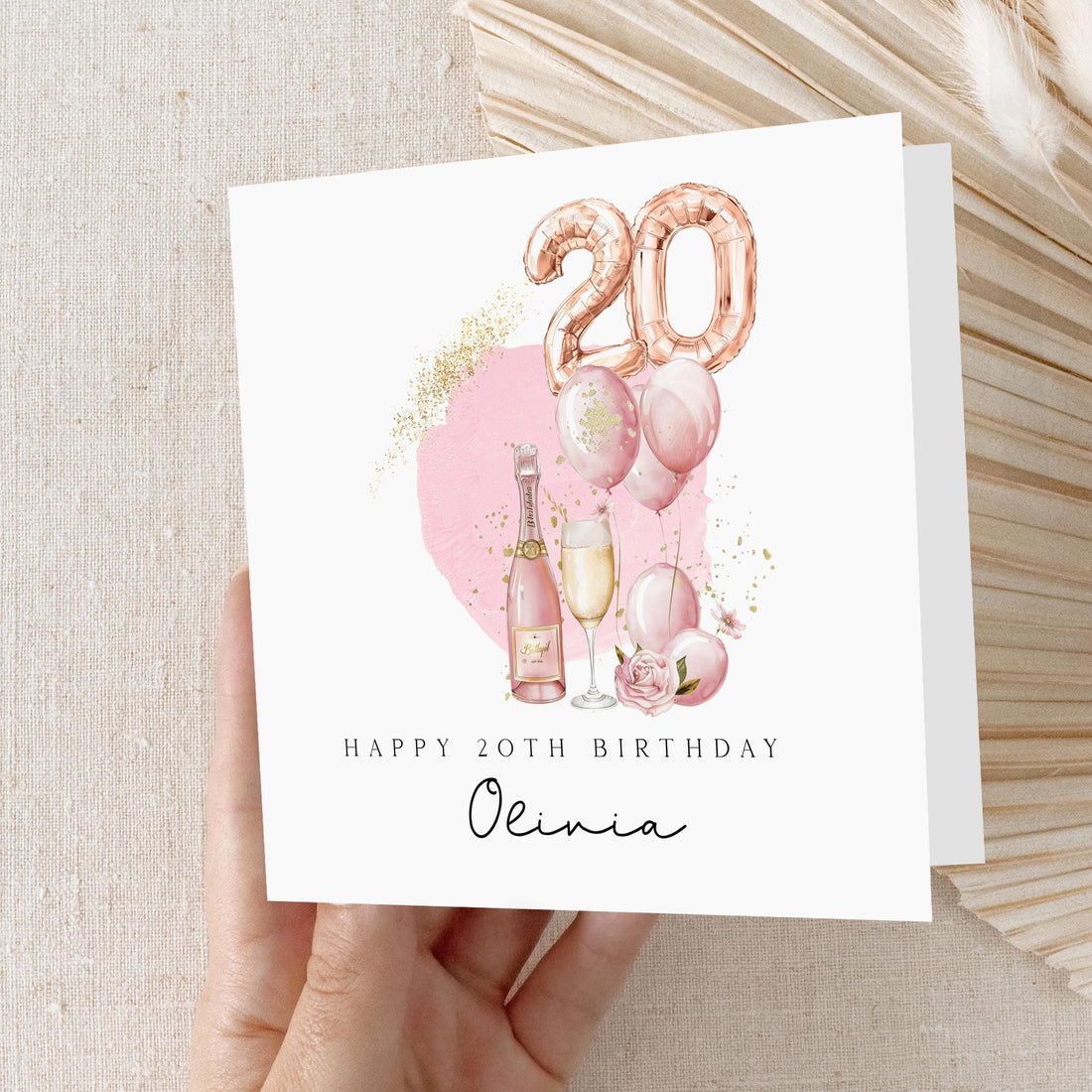 Personalised 20th Birthday Card, Special Milestone Card, Birthday Card For Wife, Sister, Daughter, Auntie, Champagne & Pink 20 Foil Balloon