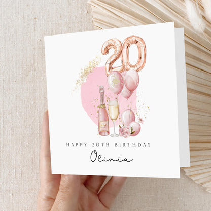 Personalised 20th Birthday Card, Special Milestone Card, Birthday Card For Wife, Sister, Daughter, Auntie, Champagne &amp; Pink 20 Foil Balloon