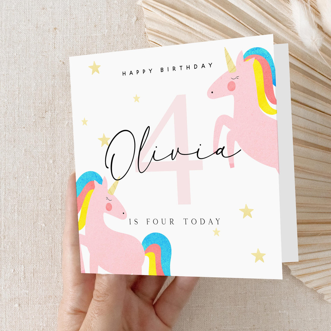 Girls Birthday Card, Unicorn Personalised Birthday Cards, 4th Birthday, Age 4, Daughter, Granddaughter, Niece Birthday Card, Kraft Envelope