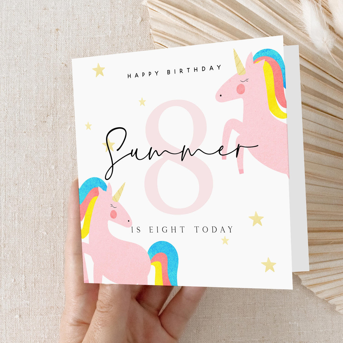 Girls Birthday Card, Unicorn Personalised Birthday Cards, 8th Birthday, Age 8, Daughter, Granddaughter, Niece Birthday Card, Kraft Envelope
