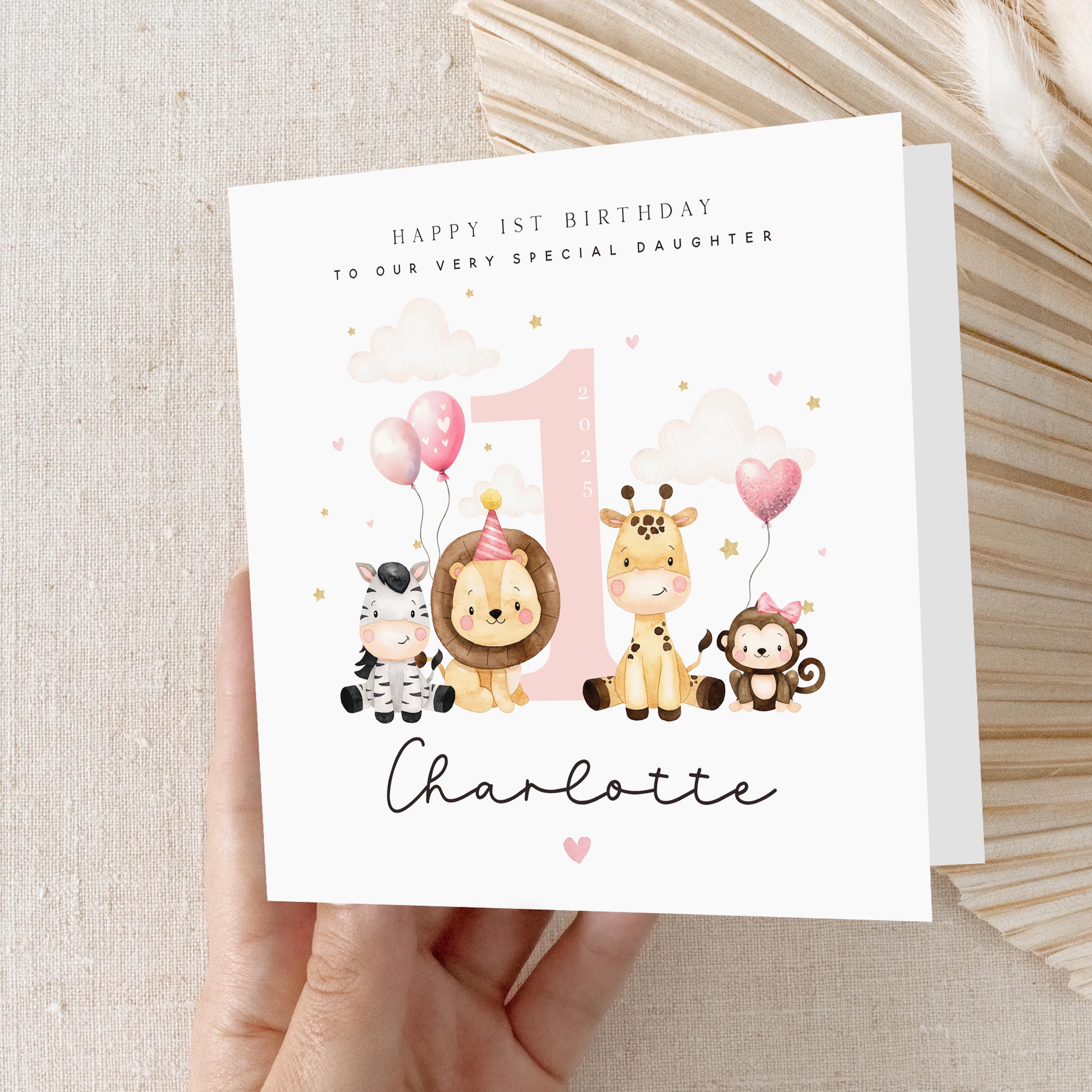Daughter 1st Birthday Card, Safari Pink, Card For Daughter 1st Birthday ,Age One, First Birthday, Girl&