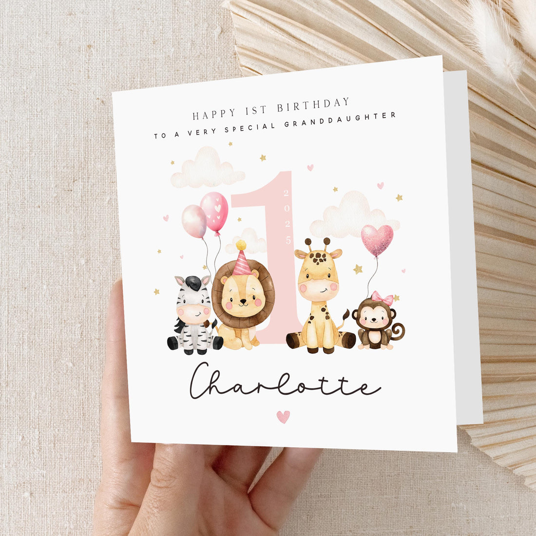Granddaughter 1st Birthday Card, Safari Pink, Card For Granddaughter 1st Birthday ,Age One Card, Girl&