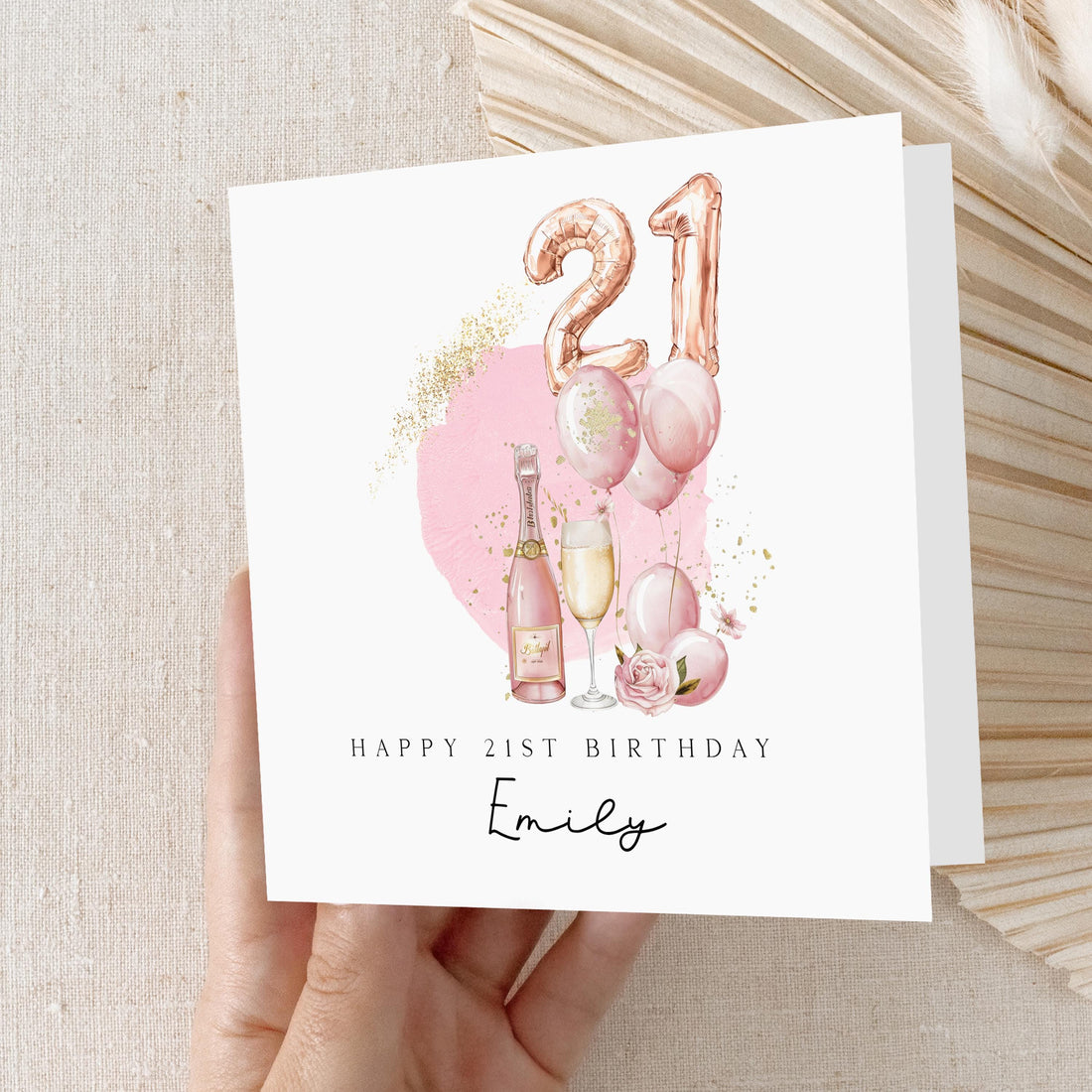 Personalised 21st Birthday Card, Special Milestone Card, Birthday Card For Wife, Sister, Daughter, Auntie, Champagne &amp; Pink 21 Foil Balloon