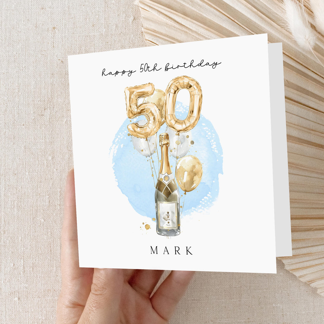 Personalised 50th Birthday Card,Special Milestone Card,Birthday Card For Dad,Husband, Script & Champagne Gold Balloons 50, Fiftieth Birthday