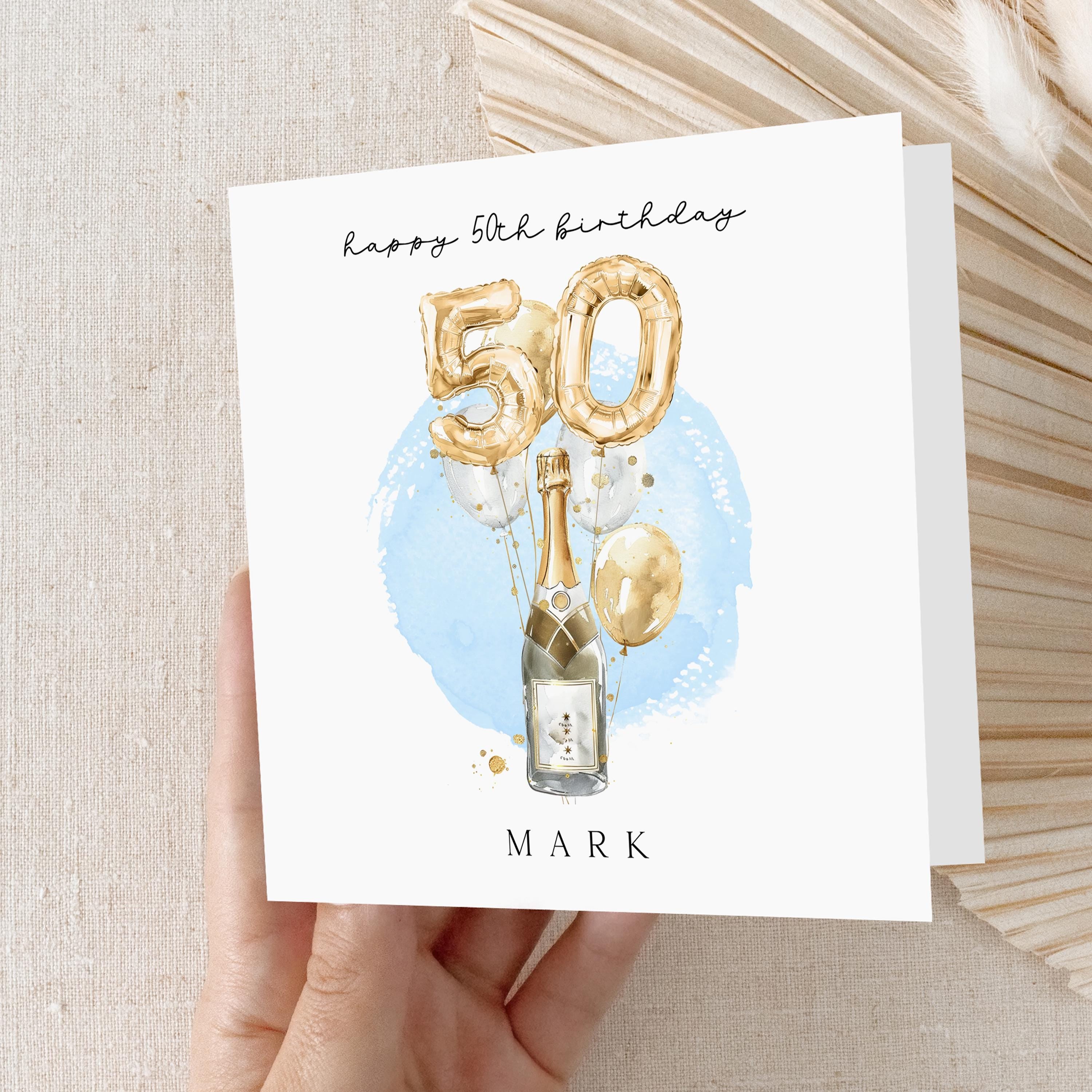 Personalised 50th Birthday Card,Special Milestone Card,Birthday Card For Dad,Husband, Script &amp; Champagne Gold Balloons 50, Fiftieth Birthday