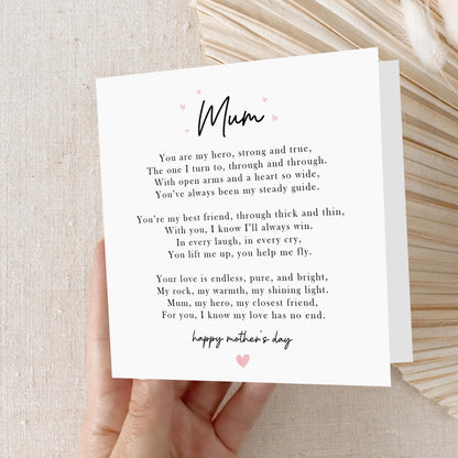 Mothers Day Poem Card, Mum Poem Card, Card For Mum, Happy Mother&