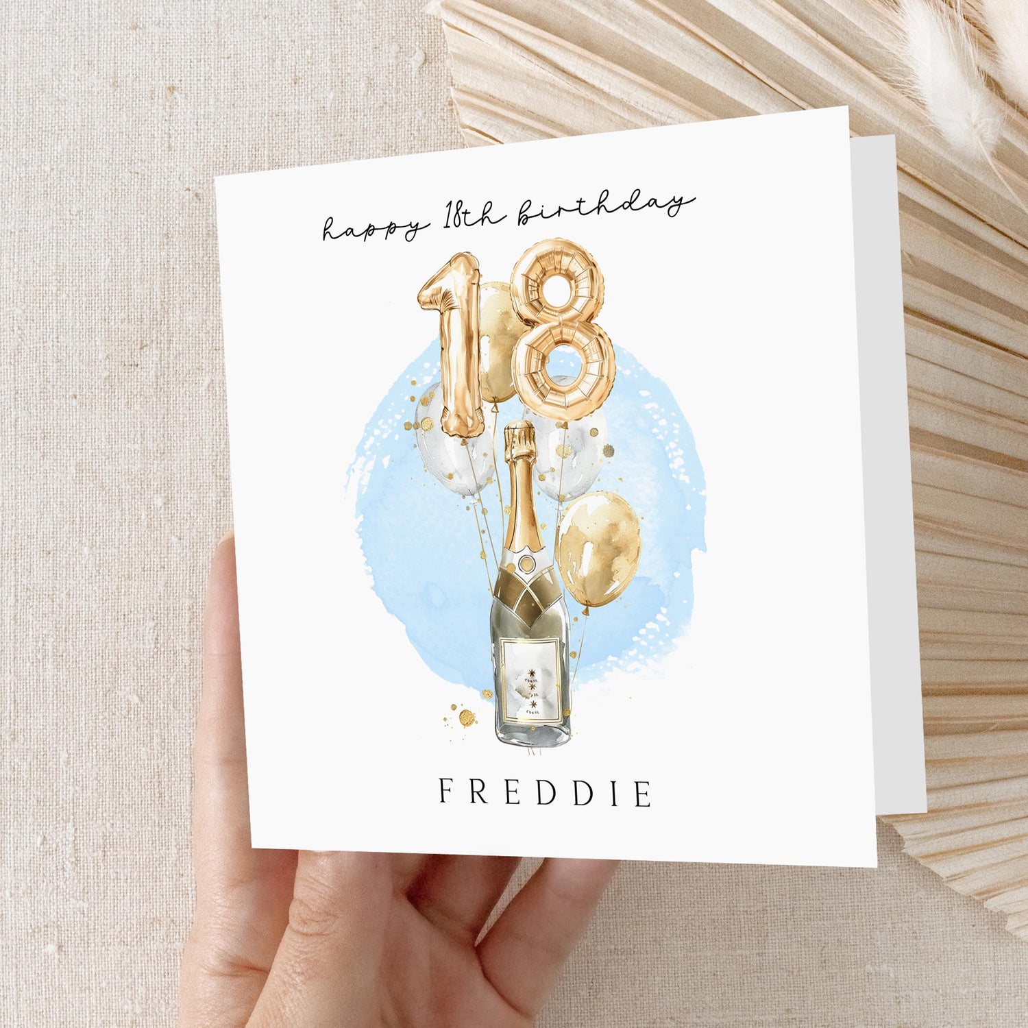 Personalised 18th Birthday Card, Special Milestone Card,Birthday Card For Son, Brother, Blue Champagne Gold Balloons 18, Eighteenth Birthday
