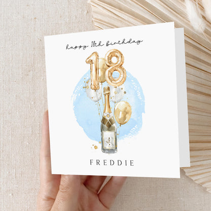Personalised 18th Birthday Card, Special Milestone Card,Birthday Card For Son, Brother, Blue Champagne Gold Balloons 18, Eighteenth Birthday