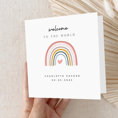 Personalised New Baby Card, Welcome To The World Card, Rainbow Theme For Girl Design, New born Baby Girl Card, Congratulations New Parents,