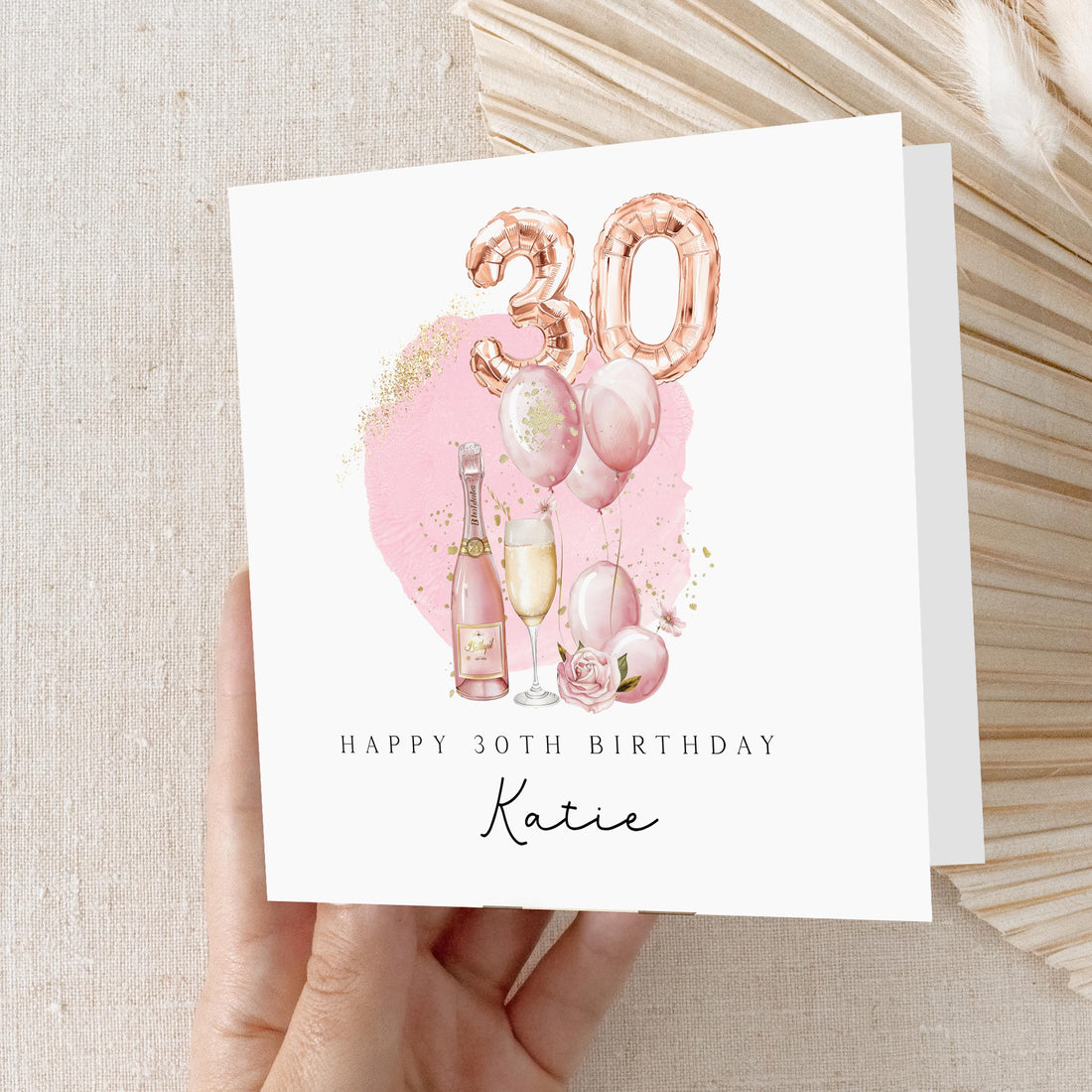 Personalised 30th Birthday Card, Special Milestone Card, Birthday Card For Wife, Sister,Best Friend, Auntie,Champagne &amp; Pink 30 Foil Balloon