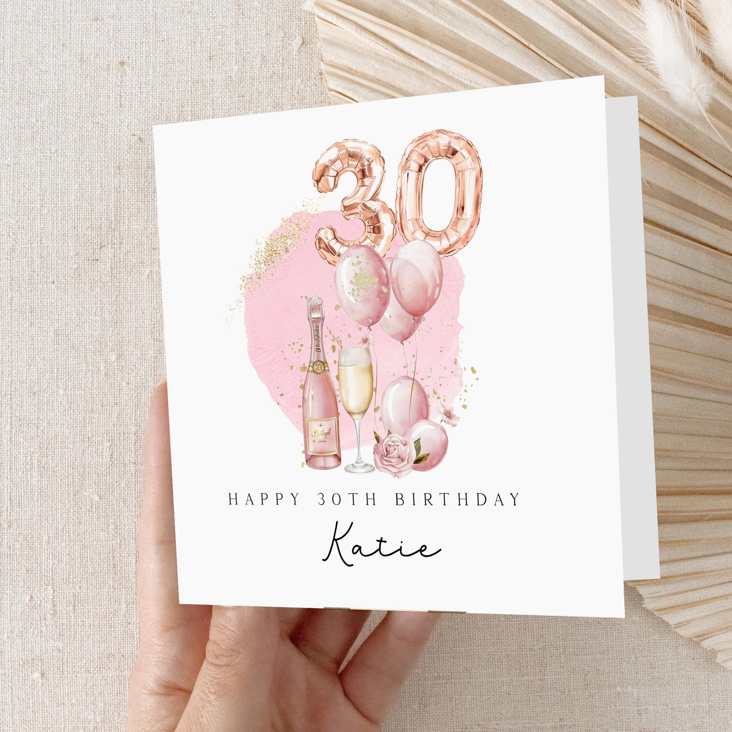 Personalised 30th Birthday Card, Special Milestone Card, Birthday Card For Wife, Sister,Best Friend, Auntie,Champagne &amp; Pink 30 Foil Balloon