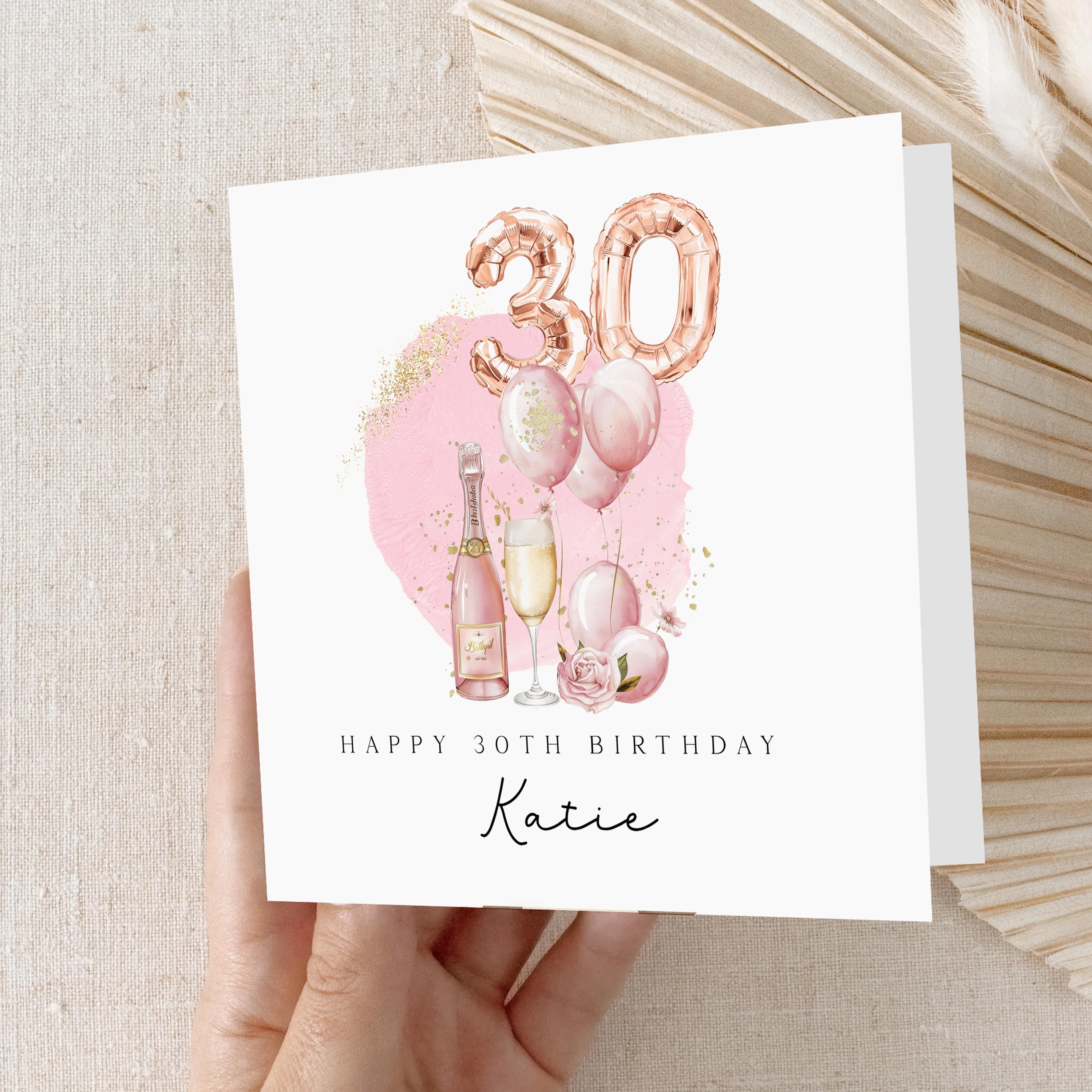 Personalised 30th Birthday Card, Special Milestone Card, Birthday Card For Wife, Sister,Best Friend, Auntie,Champagne &amp; Pink 30 Foil Balloon