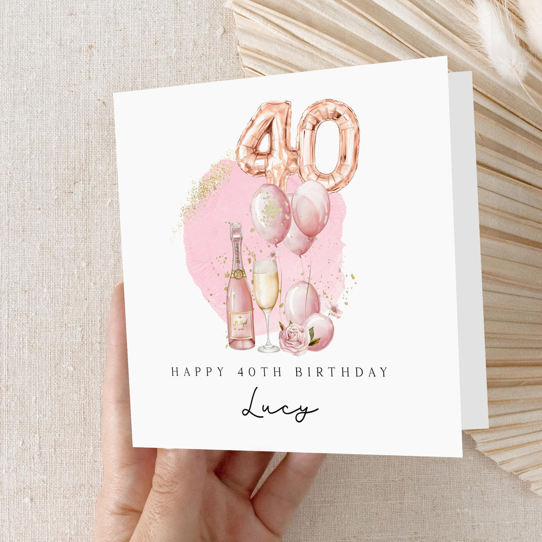 Personalised 40th Birthday Card, Special Milestone Card, Birthday Card For Wife, Sister,Best Friend, Auntie,Champagne & Pink 40 Foil Balloon