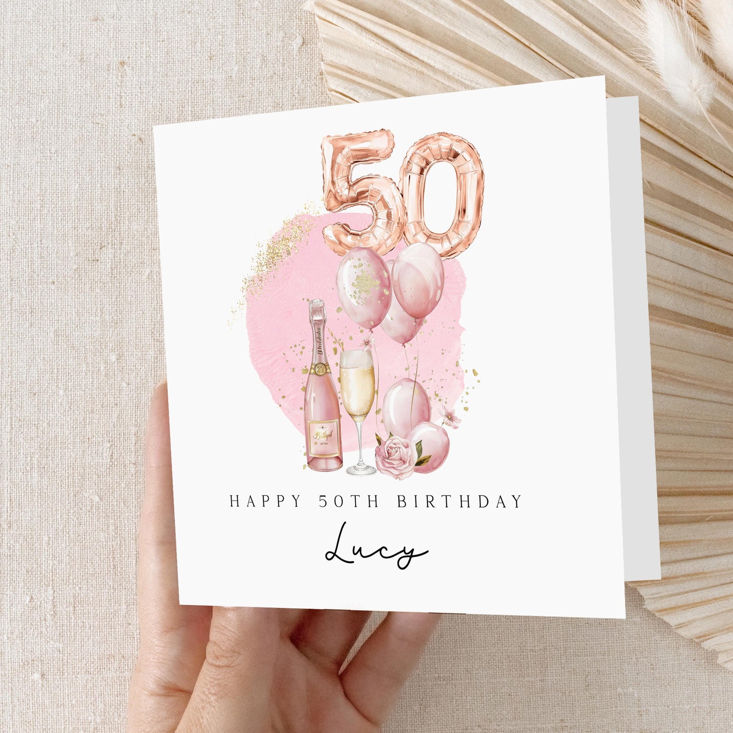 Personalised 50th Birthday Card, Special Milestone Card, Birthday Card For Wife, Sister,Best Friend, Auntie,Champagne &amp; Pink 50 Foil Balloon