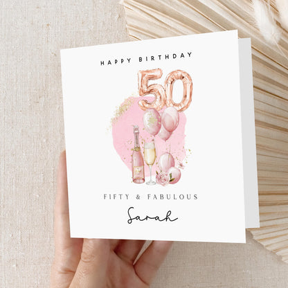 Personalised 50th Birthday Card, Special Milestone Card, Birthday Card For Wife, Sister,Best Friend, Auntie,Champagne,50 and Fabulous Card