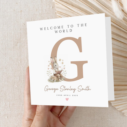 Personalised New Baby Card, Welcome To The World Card, Bunny Rabbit Design, Baby Boy Girl, Congratulations New Parents, Kraft Envelope