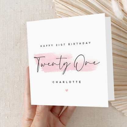 Personalised 21st Birthday Card, Special Milestone Card, Birthday Card For Wife, Sister, Daughter, Auntie, Pink Swash