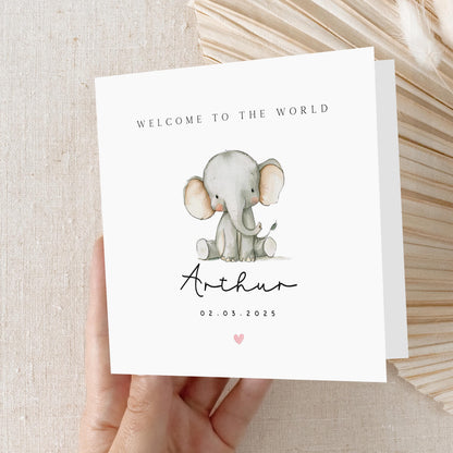 Personalised New Baby Card, Welcome To The World Card, Baby Elephant Design, Newborn Baby, Congratulations New Parents, Kraft Envelope Inclu