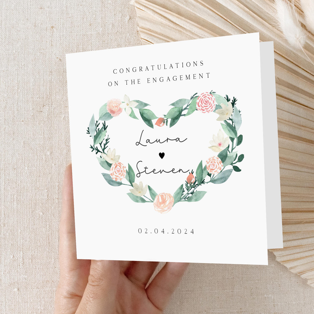 Personalised Engagement Card, Boho Heart Rose Wreath Greenery, Happy Couple, Newly Engaged Couple, Handmade Card, Kraft Envelope 6x6 Card