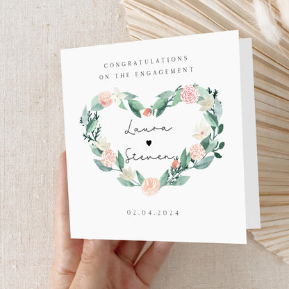 Personalised Engagement Card, Boho Heart Rose Wreath Greenery, Happy Couple, Newly Engaged Couple, Handmade Card, Kraft Envelope 6x6 Card