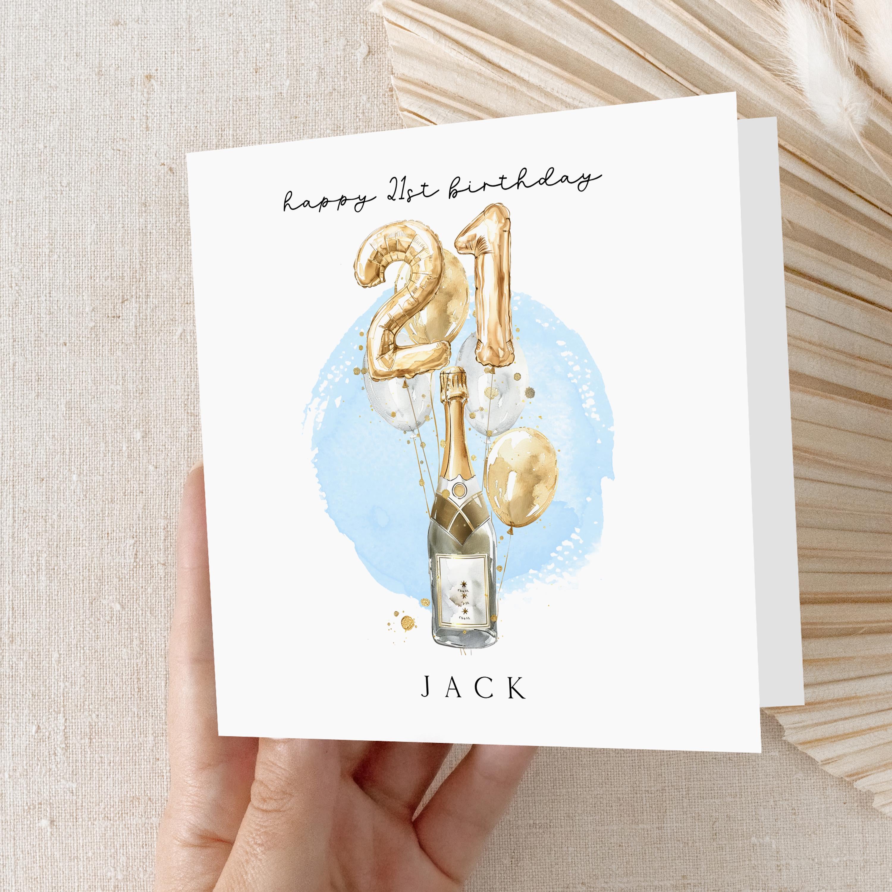 Personalised 21st Birthday Card, Special Milestone Card,Birthday Card For Son,Brother, Blue Champagne Gold Balloons 21,Twenty First Birthday