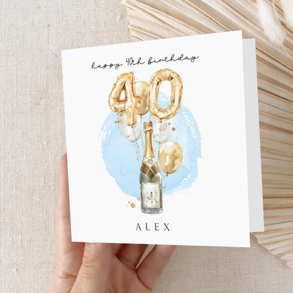 Personalised 40th Birthday Card, Special Milestone Card,Birthday Card For Son,Husband, Blue Champagne Gold Balloons 40, Fortieth Birthday