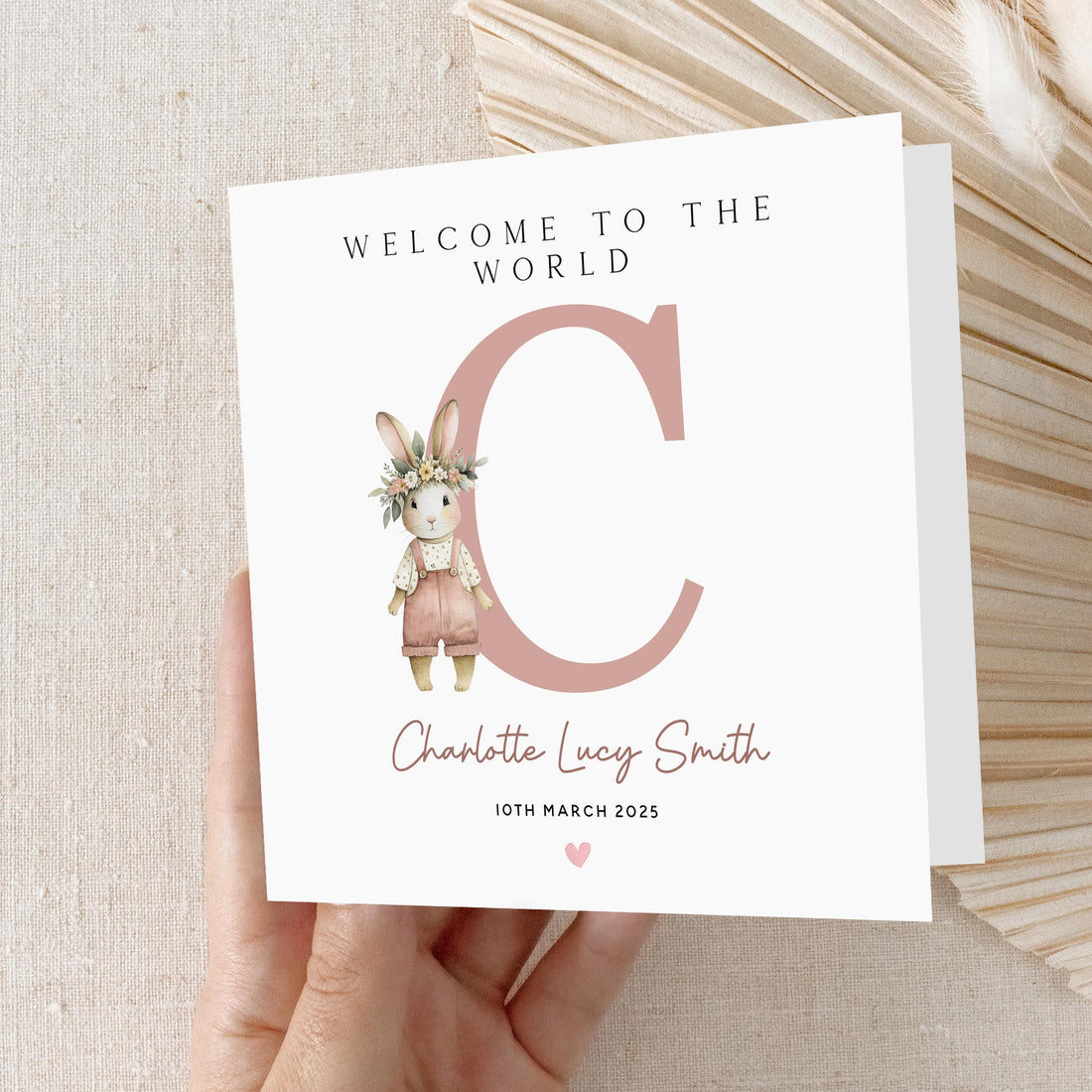 Personalised New Baby Card, Welcome To The World Card, Bunny Rabbit Design,New Baby Girl, Congratulations New Parents, Kraft Envelope