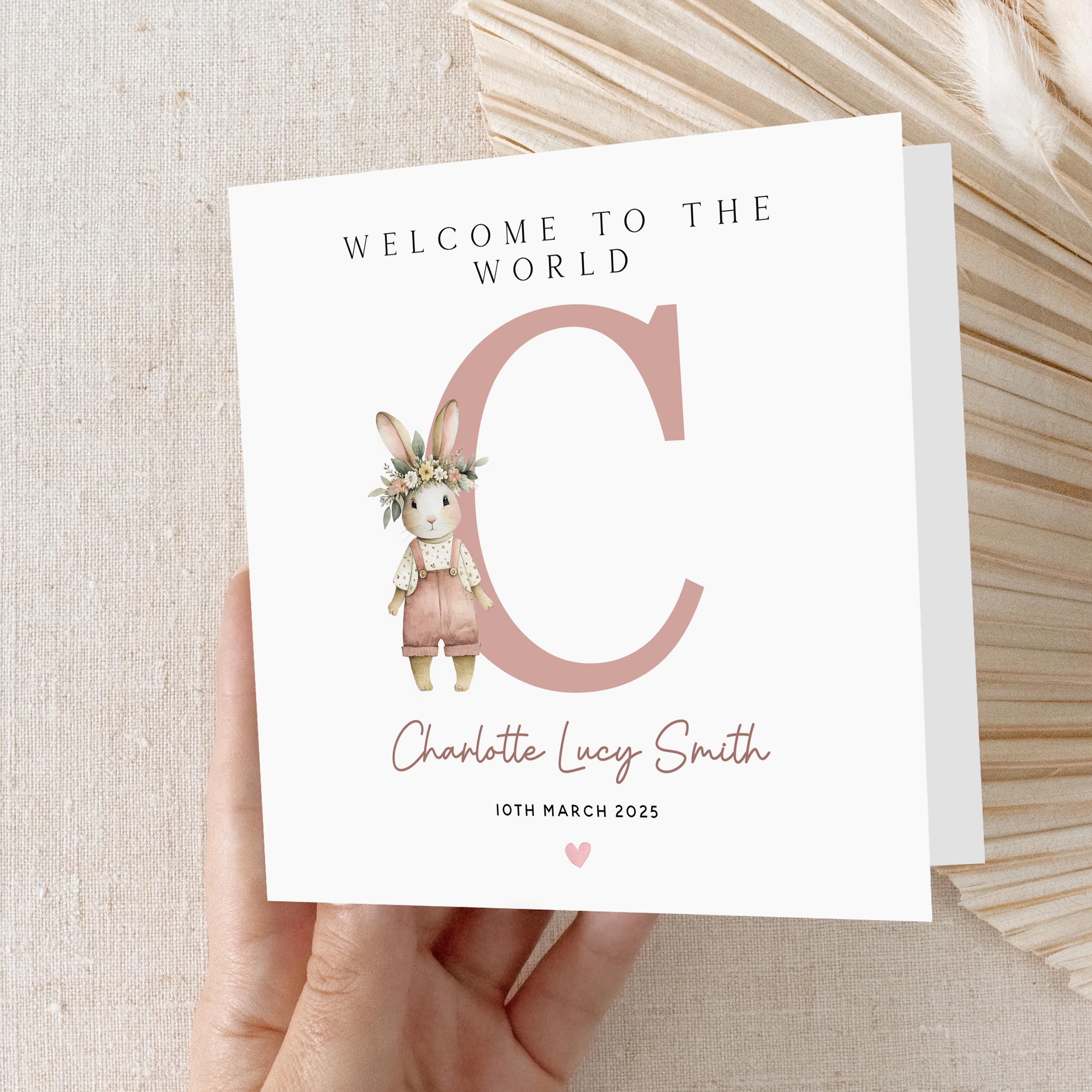 Personalised New Baby Card, Welcome To The World Card, Bunny Rabbit Design,New Baby Girl, Congratulations New Parents, Kraft Envelope
