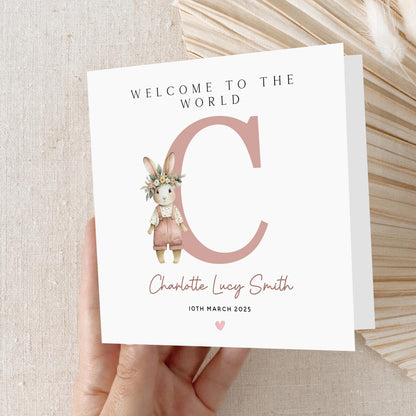 Personalised New Baby Card, Welcome To The World Card, Bunny Rabbit Design,New Baby Girl, Congratulations New Parents, Kraft Envelope