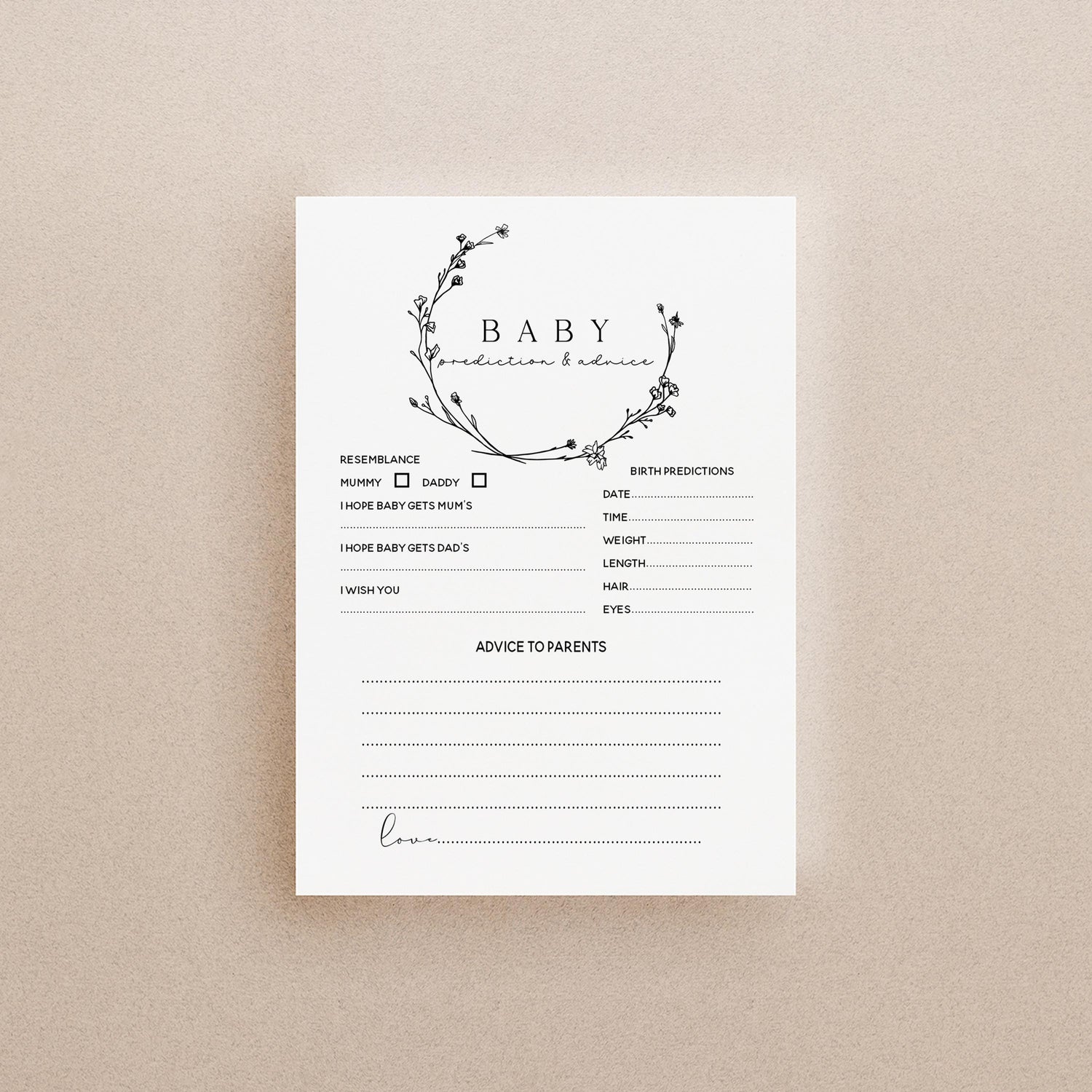 Handmade Baby Shower Prediction/Advice Cards- Minimal Black Wreath Theme-New Mum To Be-/Keepsake-Custom Baby Shower Cards-Baby Shower Games