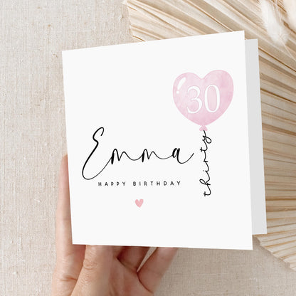 Personalised 30th Birthday Card, Special Milestone Card, Birthday For Daughter, Pink Balloon 30, Thirty Minimal-Kraft Envelope Included