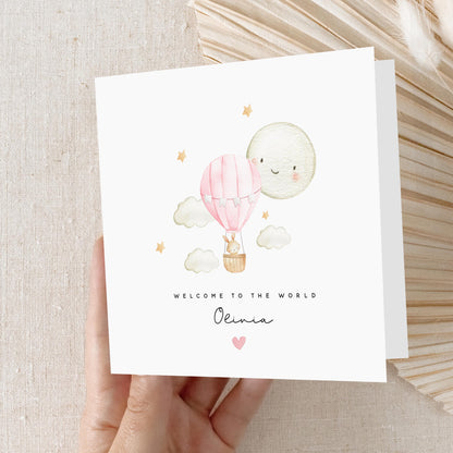 Personalised New Baby Card, Welcome To The World Card, Pink Air balloon Design, Newborn Baby Girl, Congratulations New Parents