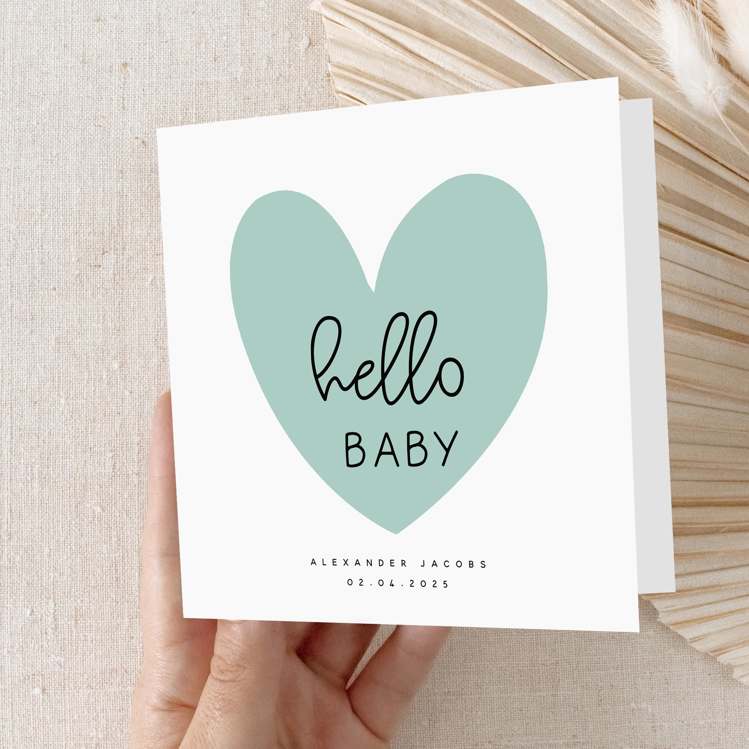 New Baby Card, Welcome To The World Card ,Personalised New Baby Card,Newborn Baby,Hello World,Congratulations New Parents,Minimal Mint Heart