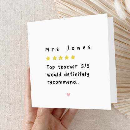 Personalised Teacher Thank You Card-School Card-5 Stars Top Teacher-Teacher Gift-End Of Term Card-Teacher Appreciation Card-Handmade Card