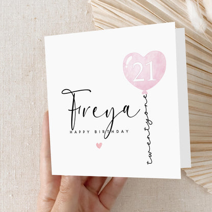 Personalised 21st Birthday Card, Special Milestone Card, Birthday Card For Daughter, Friend, Niece, Pink Heart Balloon 21, Twenty First