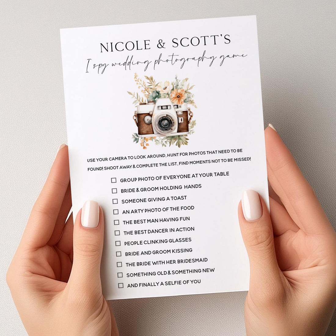 Personalised Wedding I Spy Game Table Activity, Handmade, Ice Breaker, Wedding Day Games, Wedding Favours &amp; Accessories Boho Camera Theme A5