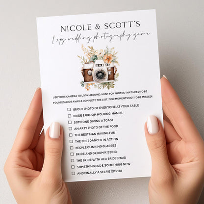 Personalised Wedding I Spy Game Table Activity, Handmade, Ice Breaker, Wedding Day Games, Wedding Favours &amp; Accessories Boho Camera Theme A5