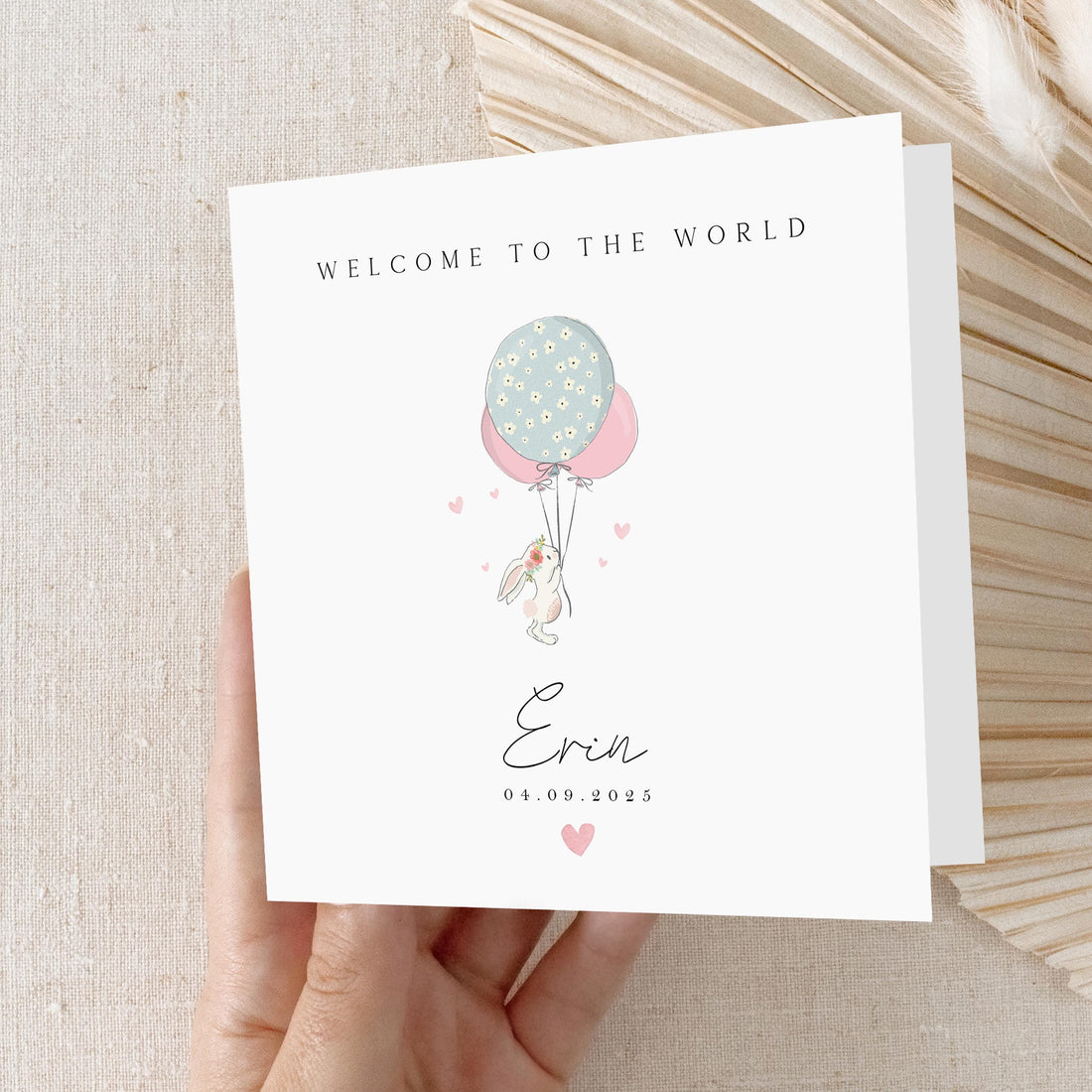 New Baby Girl Card Personalised, Welcome To The World Card, Rabbit Design, New Born Card, Congratulations New Parents-New Born Keepsake