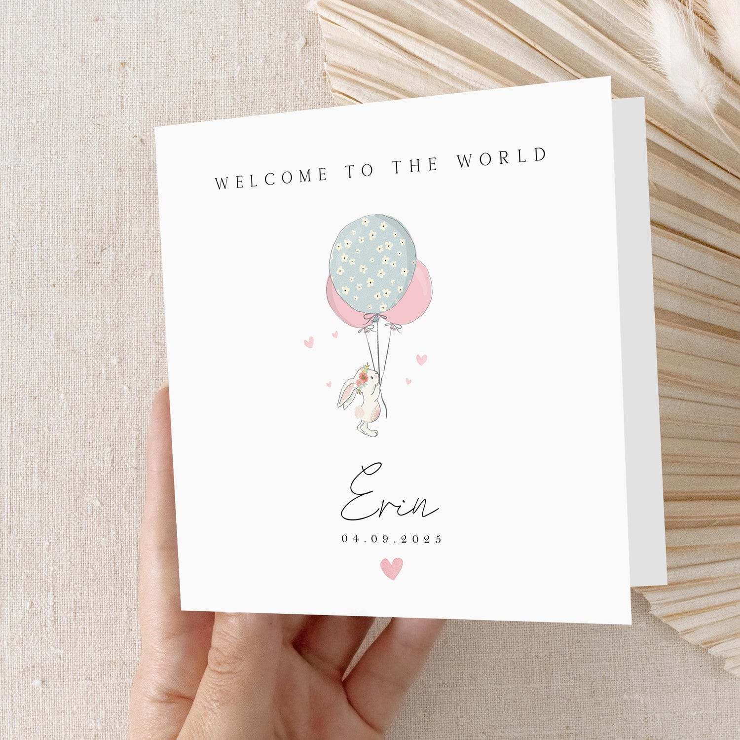 New Baby Girl Card Personalised, Welcome To The World Card, Rabbit Design, New Born Card, Congratulations New Parents-New Born Keepsake