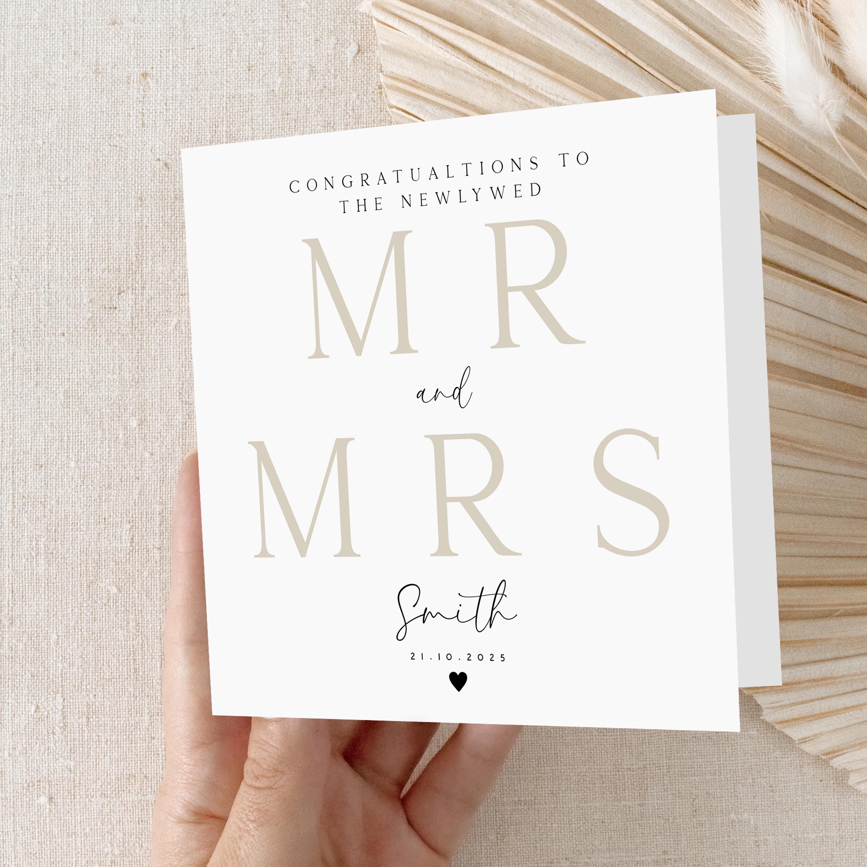 Personalised Wedding Card-Mr &amp; Mrs Card-To The Newlyweds-Congratulations Card-Handmade Wedding Card-Minimal Card Beige