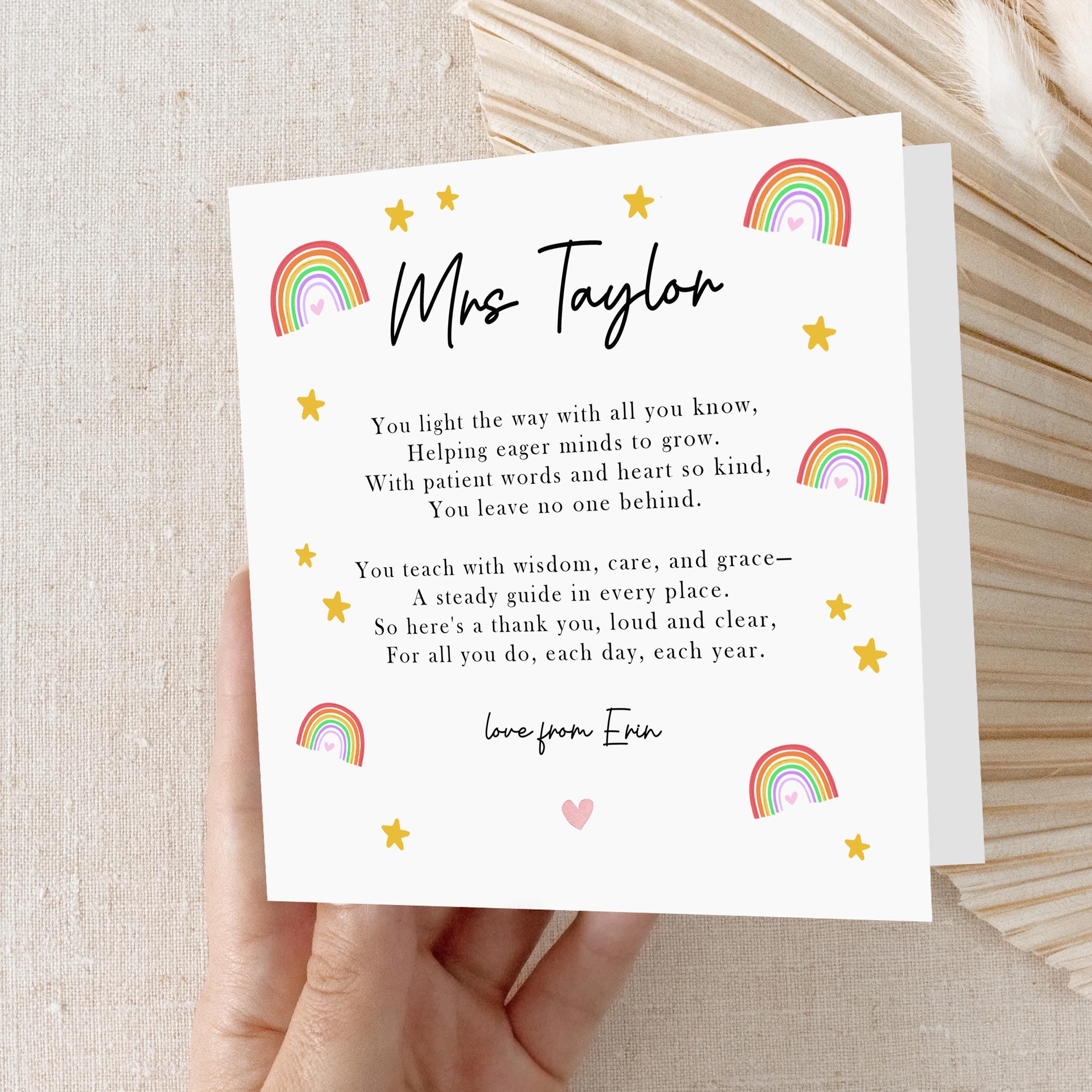 Teacher Thank You Card-Teacher Poem-Personalised School Card-Card For Teacher-Teacher Gift-End Of Term Card-Pre School-Nursery Card-Rainbow