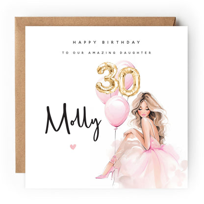 Personalised 30th Birthday Card, Special Milestone Card, Birthday Card For Wife, Sister, Daughter, Auntie, Pink 30 Foil Balloon