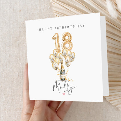Personalised 18th Birthday Card, Special Milestone Birthday, Eighteenth, Gold Balloons &amp; Champagne  Daughter, Sister, Niece, Handmade Card