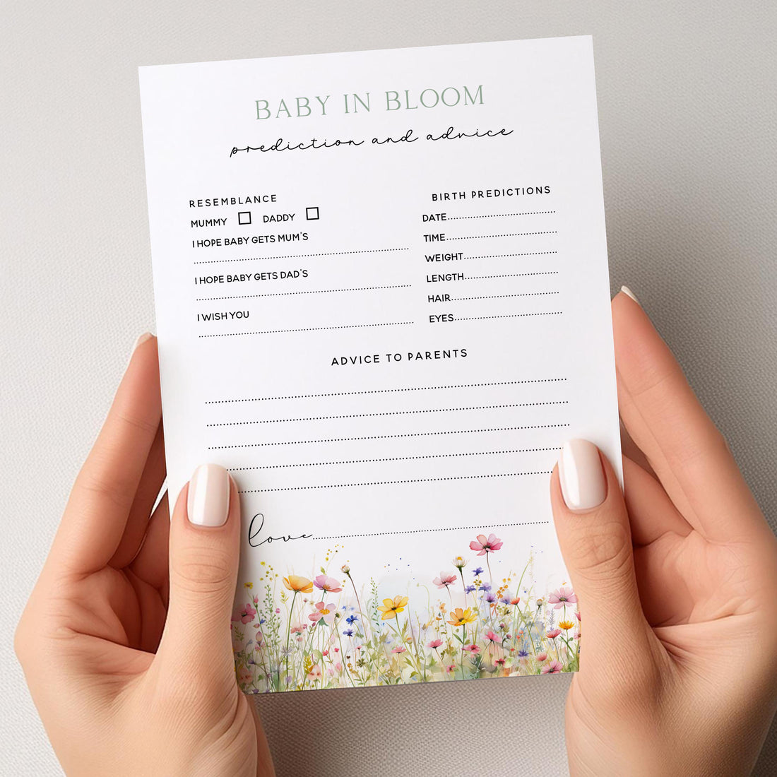 Baby Shower Prediction Prediction Advice Cards Baby In Bloom, Floral, Wildflower, Mum To Be Gender Reveal Party Games Favours Ideas/Keepsake